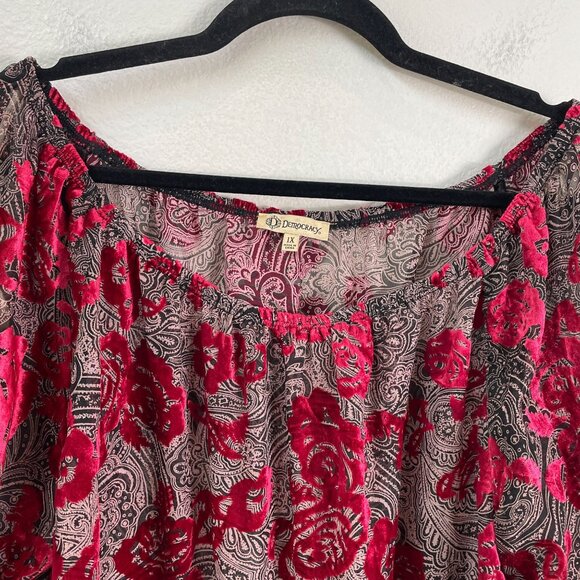 Democracy Womens Plus 1X Off The Shoulder Sheer Crushed Velvet Floral Top Shirt - Picture 9 of 14